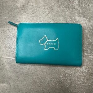 Radley London Teal Leather Bifold Wallet Scottie Dog Polka Dot Interior
